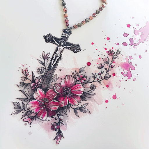 Rosary tattoo with floral motifs intertwined and cross