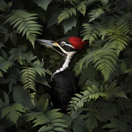 Ivory billed woodpecker among lush foliage in Munier style