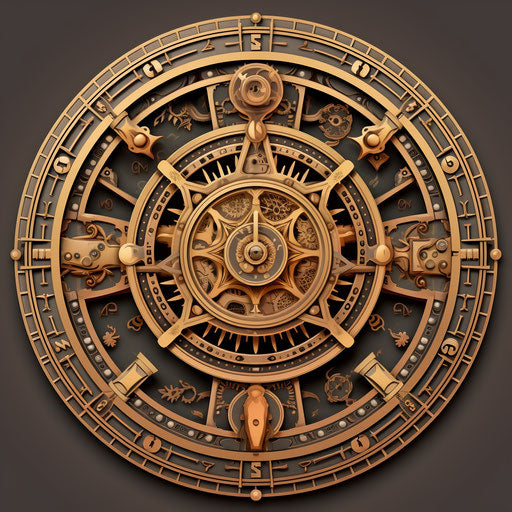 Zodiac wheel with gears and symbols, mechanized precision