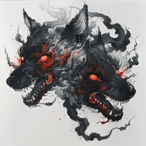 Surreal tattoo of Hades and Cerberus with fiery eyes