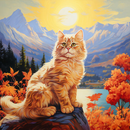Cat in front of mountain scenery