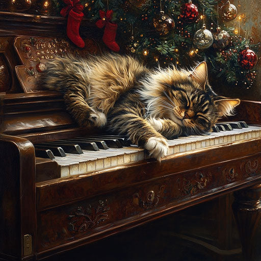 Long-haired cat on piano with holiday music
