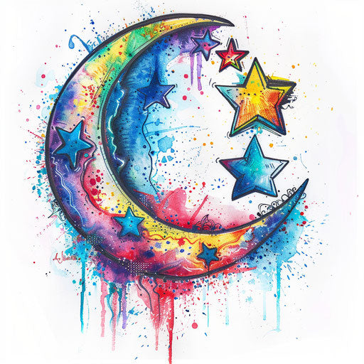 Graffiti tattoo art of moon and stars in vibrant colors on white
