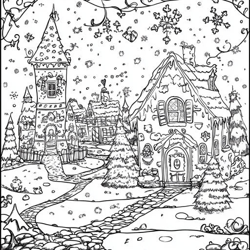 Vibrant gingerbread house in a bustling village, coloring page