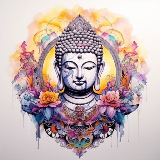 Buddha tattoo in watercolor, colorful woodcarving style, tondo