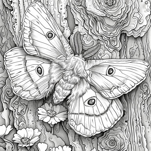 A moth resting on a tree trunk. Coloring book page