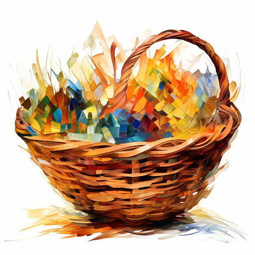 Basket clipart in the style of Impressionistic Art, on a white background