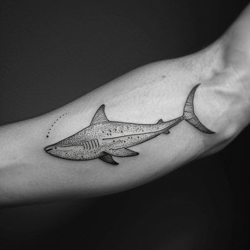 Contemporary flat tattoo sketch of a whale shark with minimalist black and white stripes