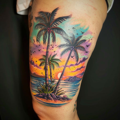Vibrant tropical tattoo with palm trees and sunset