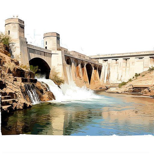 Illustration of a dam in the style of Impressionistic Art, on a white background