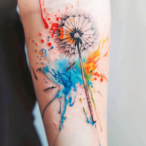 Abstract painting with dandelion tattoo on white background