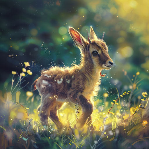Young ibex playing in a meadow, in the style of Ashraful Arefin