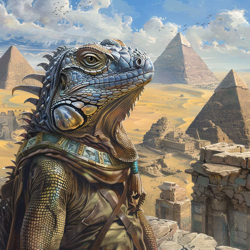 Time-travel adventure with an iguana visiting various historical periods