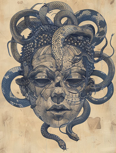 Egyptian head with snakes in indigo and blue style