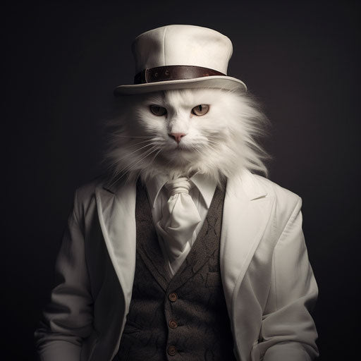 White cat dressed as a man