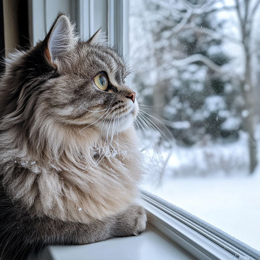 Elegant Persian cat on window sill, watching winter outside
