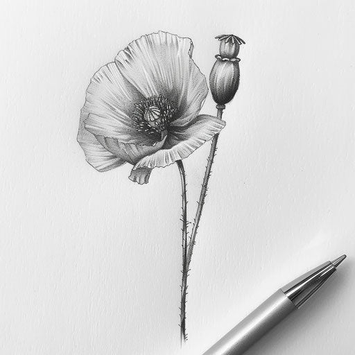 Detailed pencil drawing of a small poppy flower tattoo on bright white background