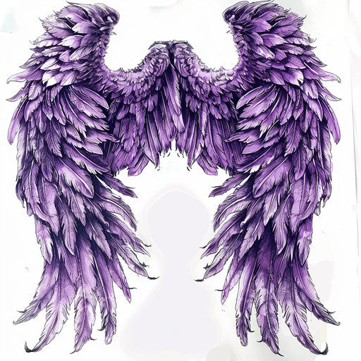 Drawing of a violet angel wings tattoo, detailed, on white background.