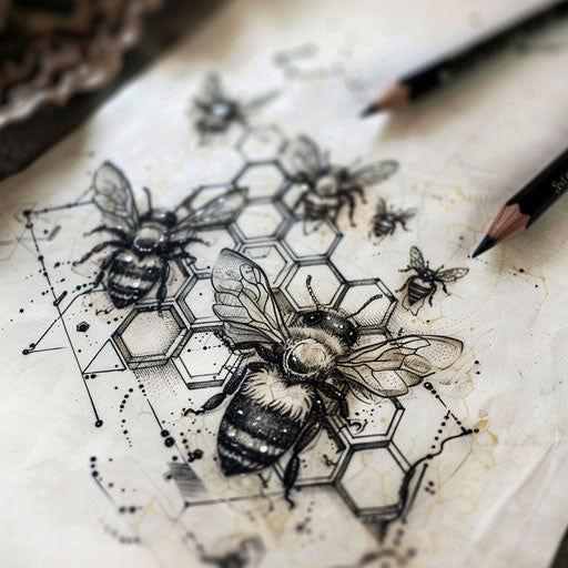 Intricate flat tattoo sketch with hexagons arranged in a honeycomb with bees