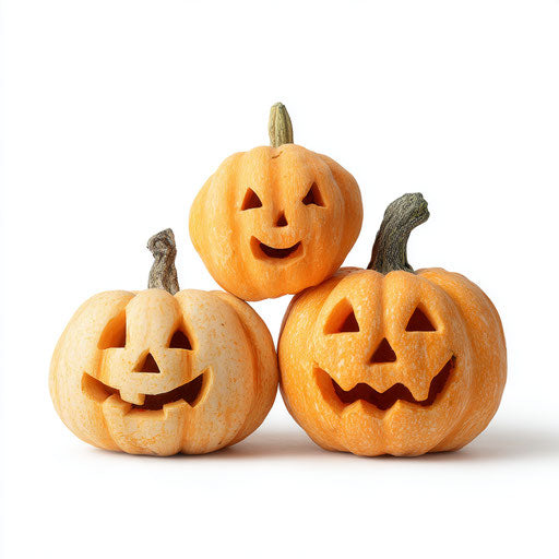 Three friendly jack-o'-lanterns against a white background