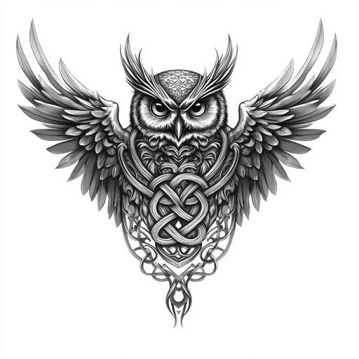 Owl neck tattoo with Celtic knot details, flat clipart style