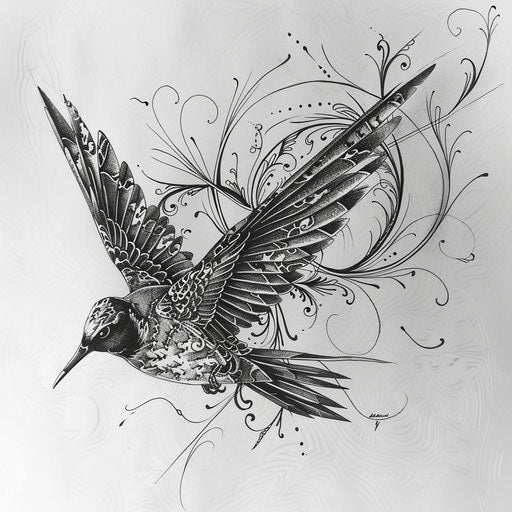 Ink pen drawing of a swallow tattoo, intricate linework