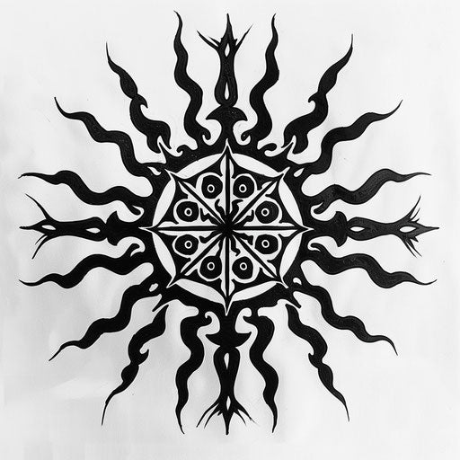Flat tattoo sketch of a neo tribal sun with symmetrical lines