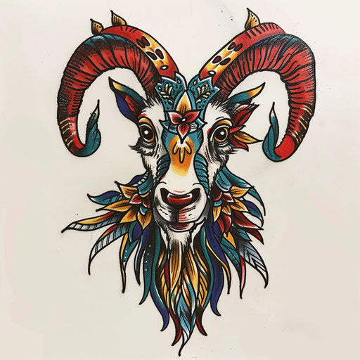 Neo-traditional goat tattoo with bold colors