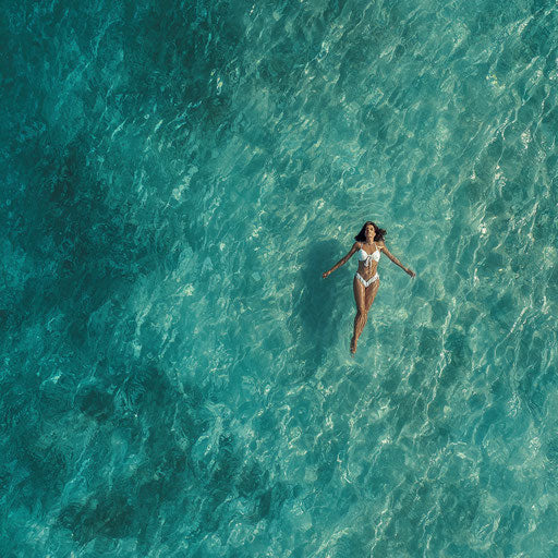 Aerial view of a woman floating in clear turquoise water