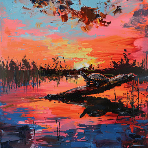 Vibrant sunset in the marshland with a turtle on driftwood