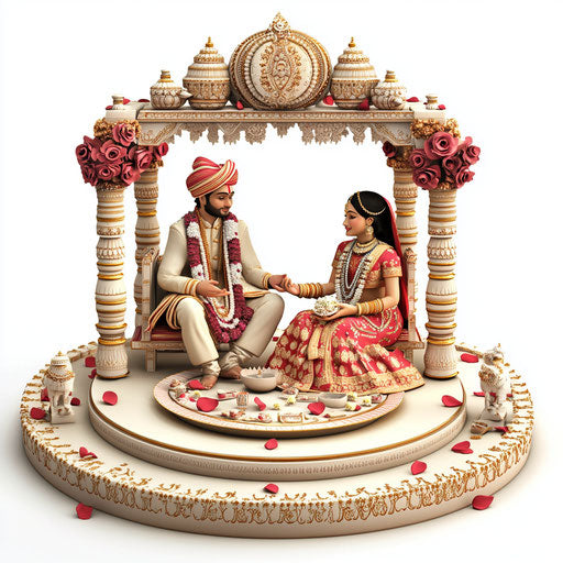 3D Hindu wedding in photo realistic style with a flat white background