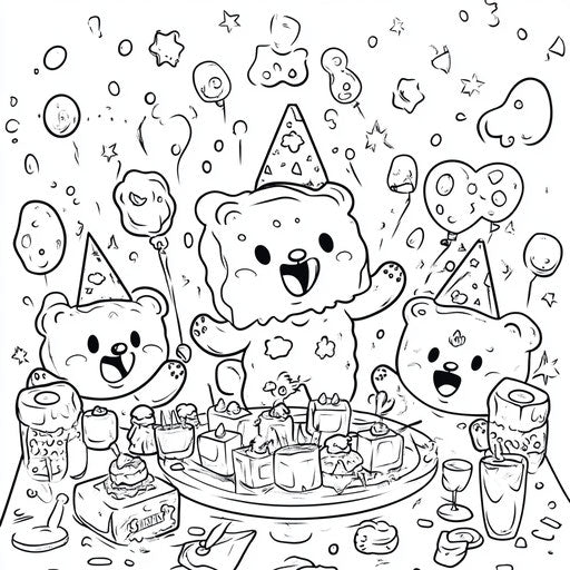 Cartoonish gummy bear party with funny hats and decorations