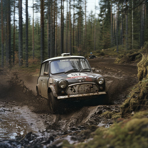 1980 Mini Cooper rally car jumping in muddy Scandinavian landscape