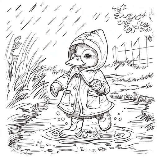Duck in raincoat and boots splashing in puddles