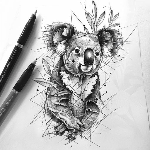 Futuristic flat tattoo sketch with a koala and digital geometric motifs