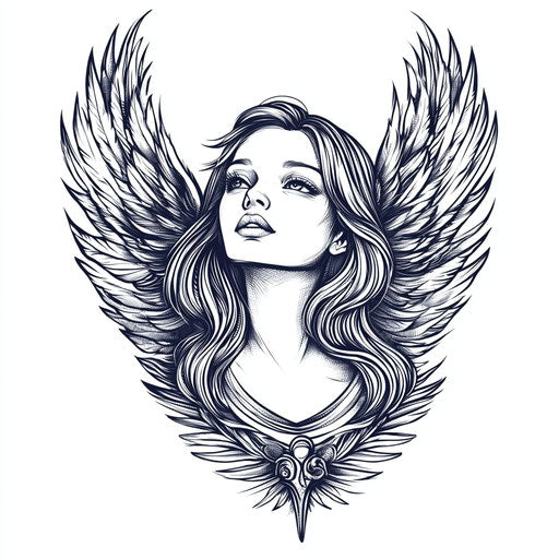 Angel neck tattoo sketch with delicate wings