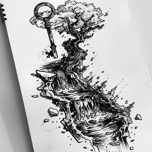 Key melting into a river, surreal tattoo sketch