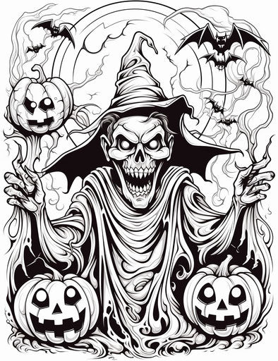 Ghosts and bats in the style of a cosmic jester