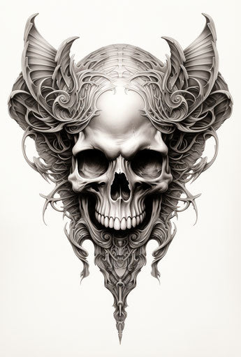 Winged skull in intricate pencil drawing, chicano style