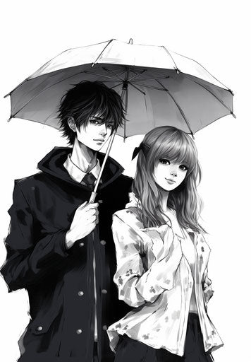 A boy and a girl with an umbrella, in the style of bold manga lines, soft outlines