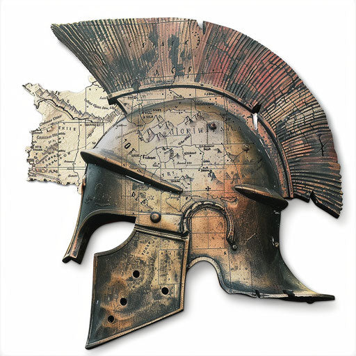 Spartan helmet on map of ancient Sparta, vintage style