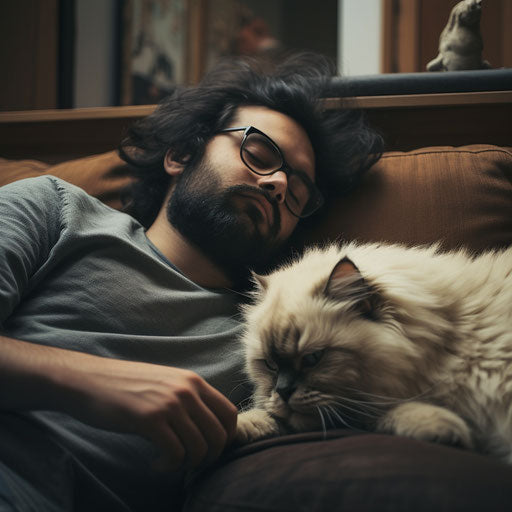 Himalayan cat sleeping on a couch with its owner