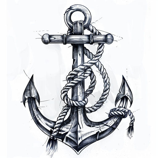 Classic navy anchor tattoo with rope, bold black ink