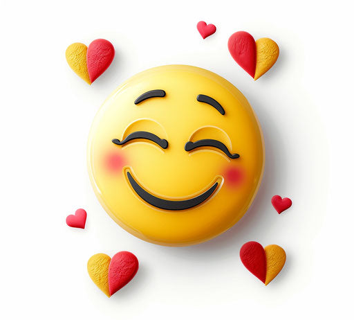 Yellow smiley face with closed eyes and winking, surrounded by three red hearts on white background