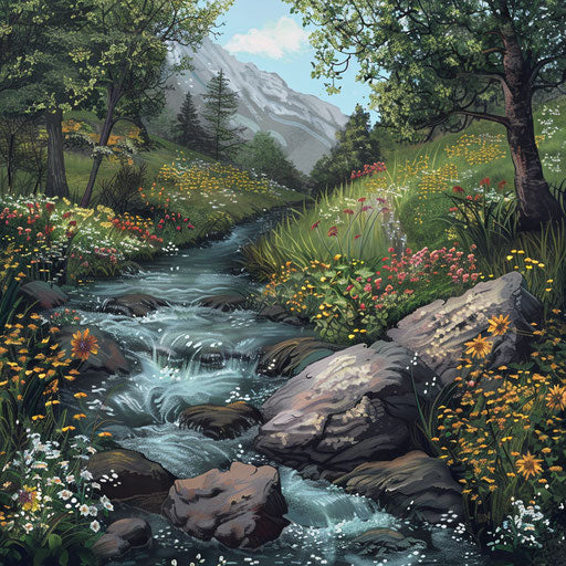 Serene natural scene with babbling brook and flowering meadows