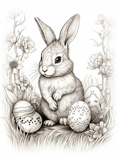 Easter bunny with egg coloring page, layered lines style