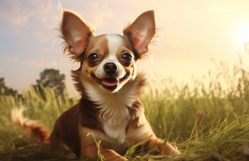 Chihuahua dog sitting on grass in the summer