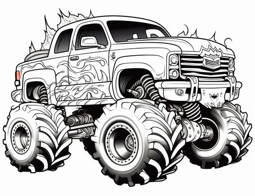 Free monster truck coloring pages, in the style of captivating flowing silhouettes, auto body works, konica big mini, white and orange, line drawings 31:24