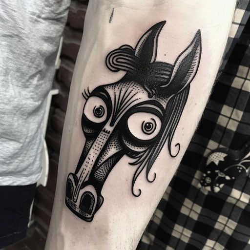 Tattoo sketch of cartoonish dark horse with oversized eyes