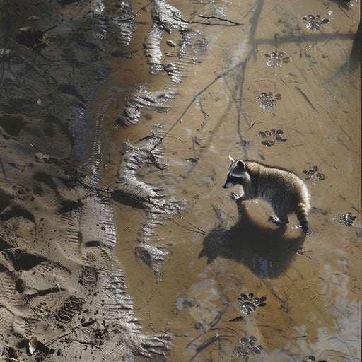 A raccoon on a sandy riverbank, paw prints trailing behind in the mud, as the river flows gently.